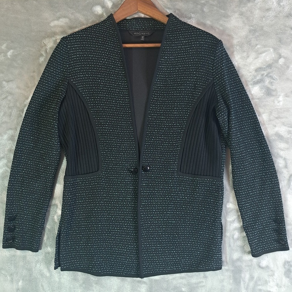 Ming Wang Women's Textured Knit Open Front Jacket Cardigan Black Green Size M